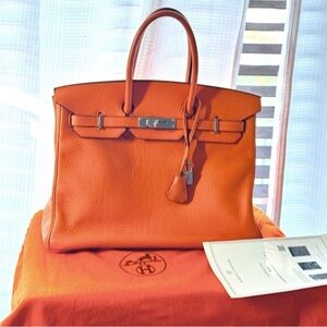EUC Hermes Birkin 35 Orange Clemence Leather With Palladium Hardware